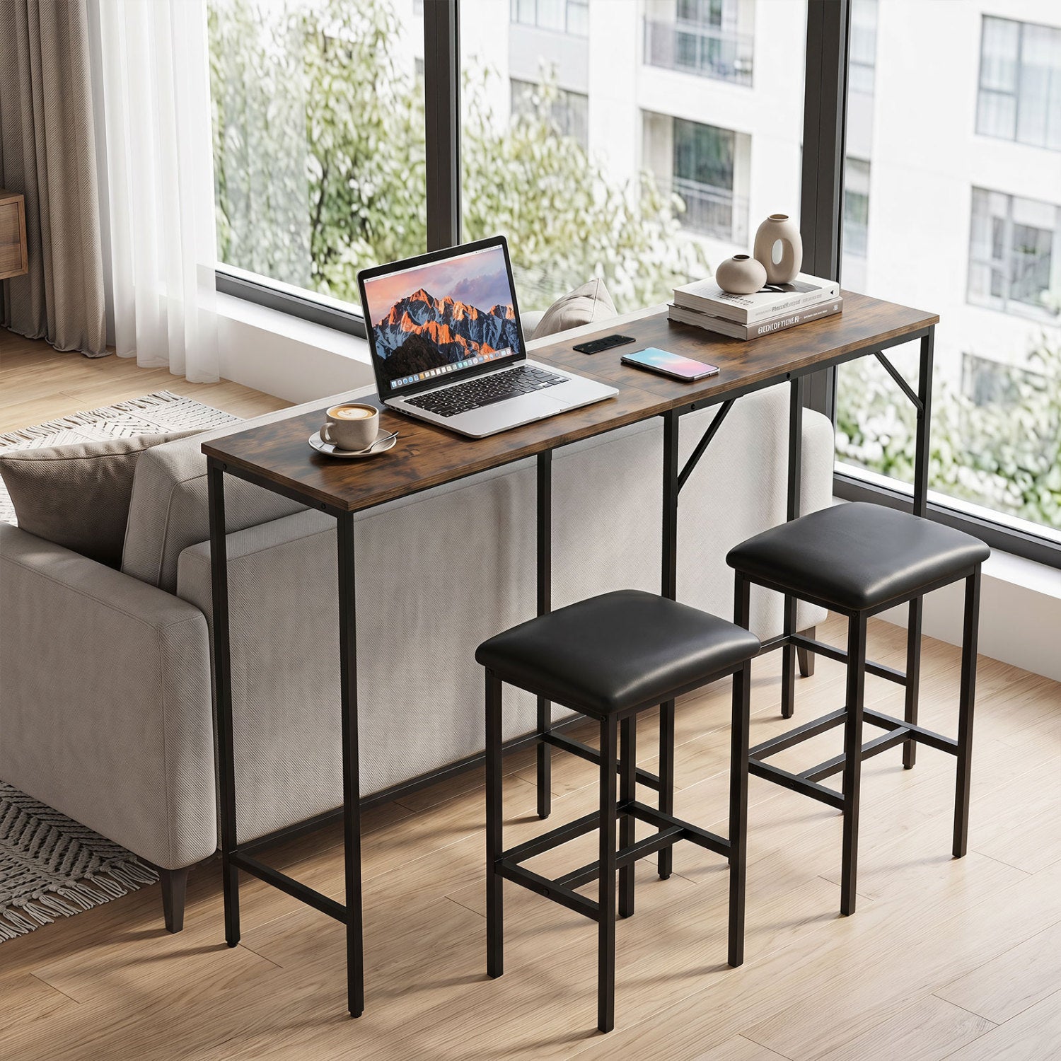 Black 3-piece convertible L-shaped kitchen table and chair set with 2 AC outlets, USB port, and Type-C port, by Wilsons Home Store.