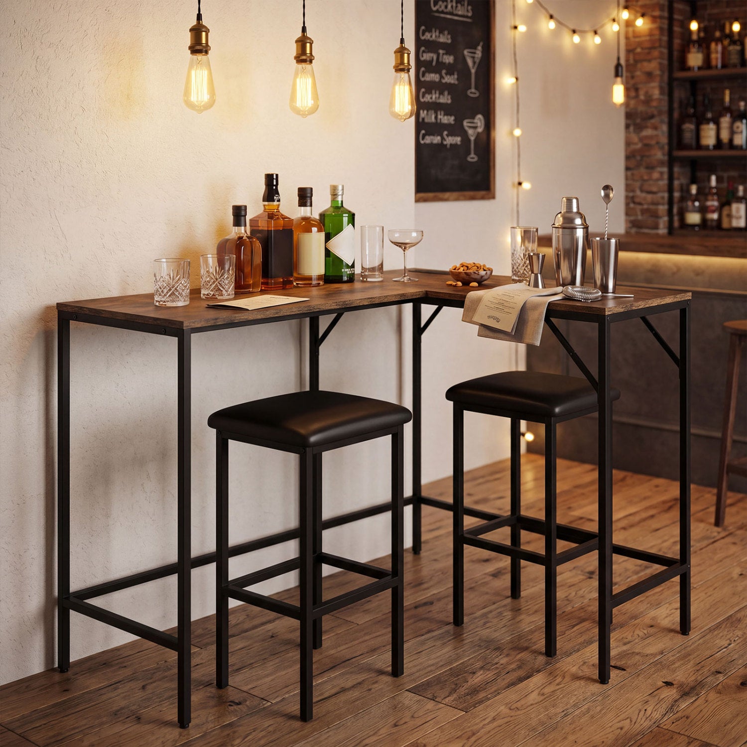 Black 3-piece convertible L-shaped kitchen table and chairs set with built-in 2 AC outlets, USB, and Type-C ports by Wilsons Home Store