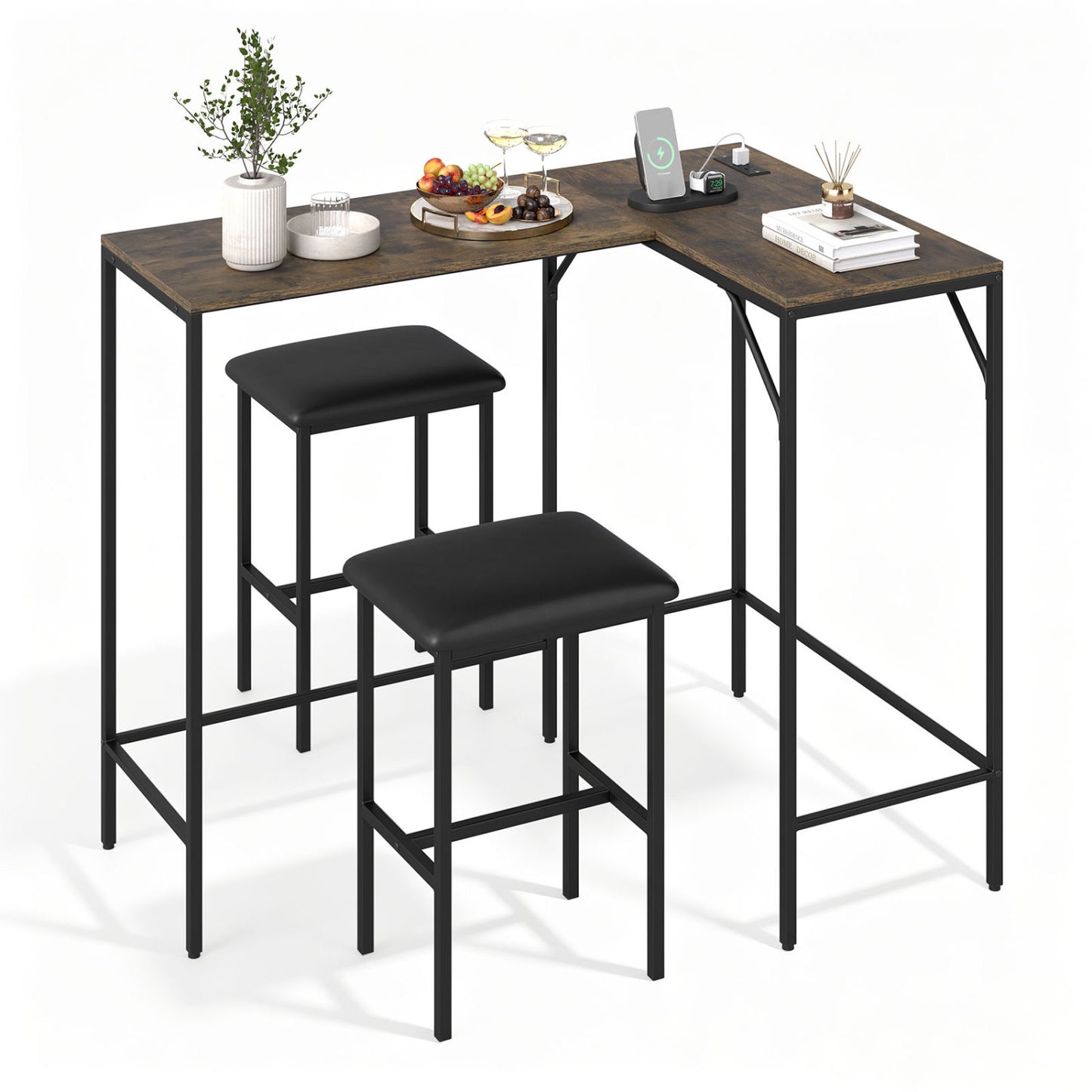 Black 3-piece convertible L-shaped kitchen table and chairs set with 2 AC outlets, USB port, and Type-C port from Wilsons Home Store.