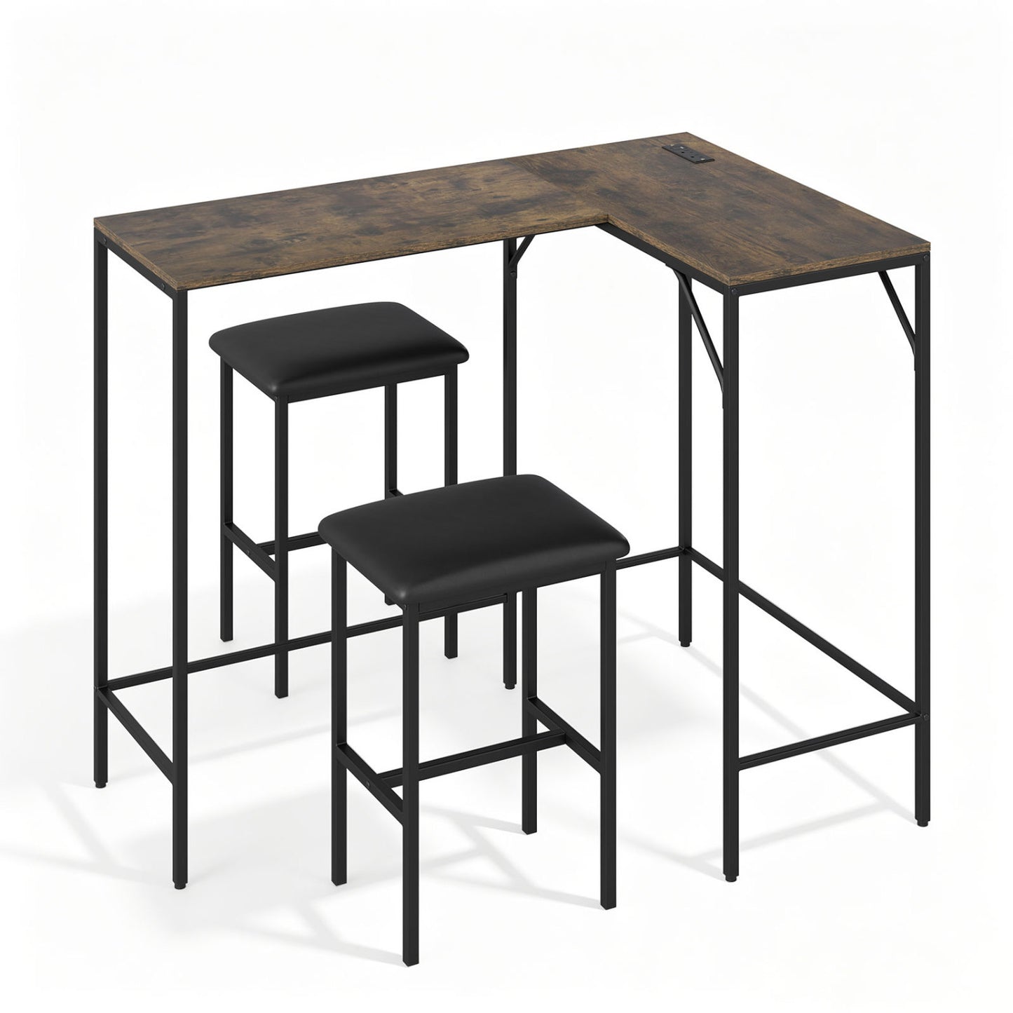 Black 3-piece convertible L-shaped kitchen table and chairs set with built-in USB, Type-C ports, and electrical outlets.