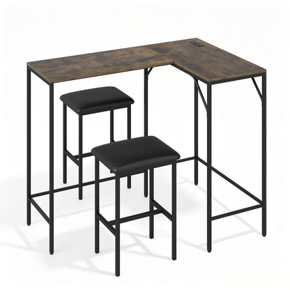 Black 3-piece convertible L-shaped kitchen table and chairs set with built-in USB, Type-C ports, and electrical outlets.