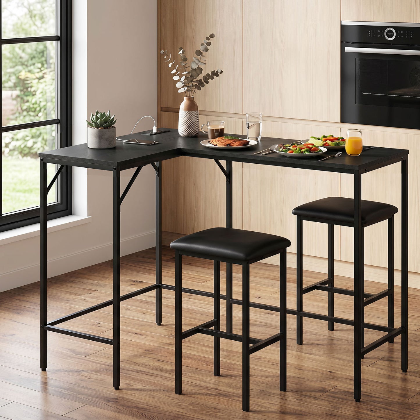 Black 3-piece convertible L-shaped kitchen table and chairs set with built-in AC outlets, USB, and Type-C ports by Wilsons Home Store