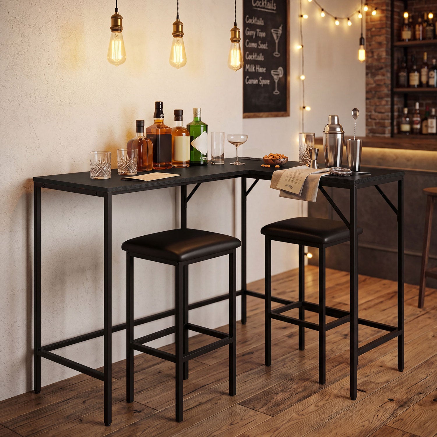 Black 3-piece convertible L-shaped kitchen table and chairs set with built-in USB, Type-C outlets, and a modern dining room design.
