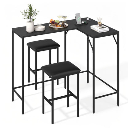 Black 3-piece convertible L-shaped kitchen table and chairs set with built-in USB, Type-C outlets, and modern dining furniture design