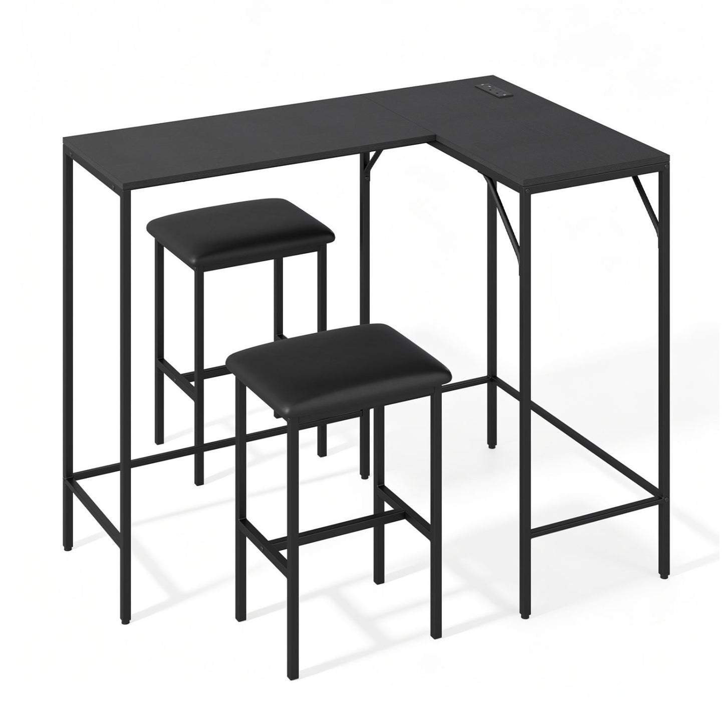 Black 3-piece convertible L-shaped kitchen table and chair set with built-in AC outlets, USB and Type-C ports, by Wilsons Home Store