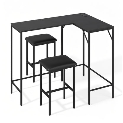 Black 3-piece convertible L-shaped kitchen table and chair set with built-in AC outlets, USB and Type-C ports, by Wilsons Home Store