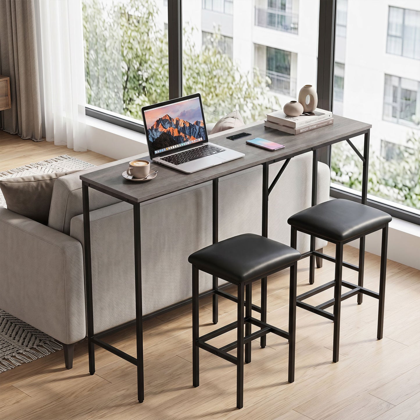 Black 3-piece convertible L-shaped kitchen table and chair set with built-in 2 AC outlets, USB, and Type-C ports by Wilsons Home Store