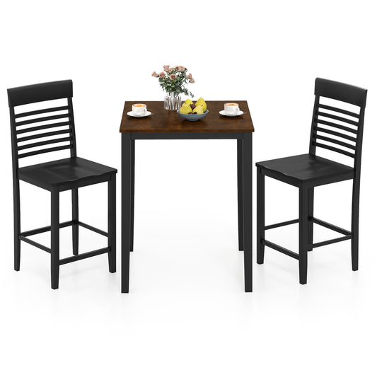 3-Piece Counter-Height Dining Table Set for 2 with Rubber Wood Frame and Footrest-Black