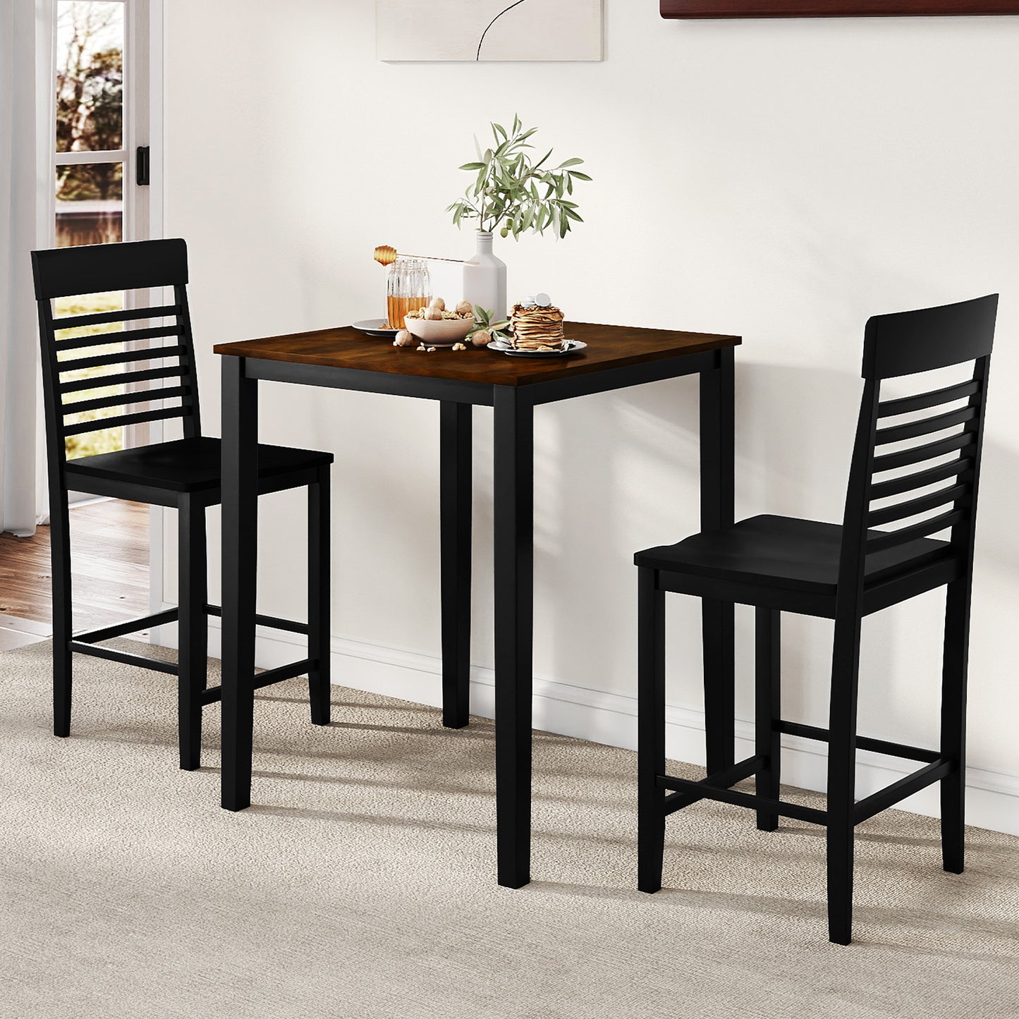 3-Piece Counter-Height Dining Table Set for 2 with Rubber Wood Frame and Footrest-Black