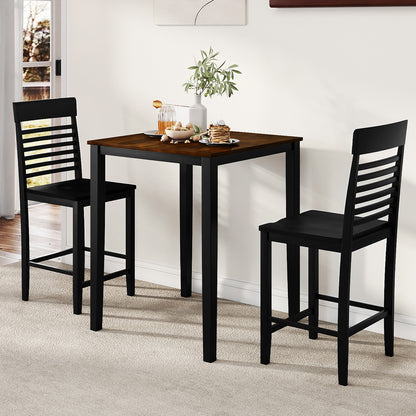 3-Piece Counter-Height Dining Table Set for 2 with Rubber Wood Frame and Footrest-Black