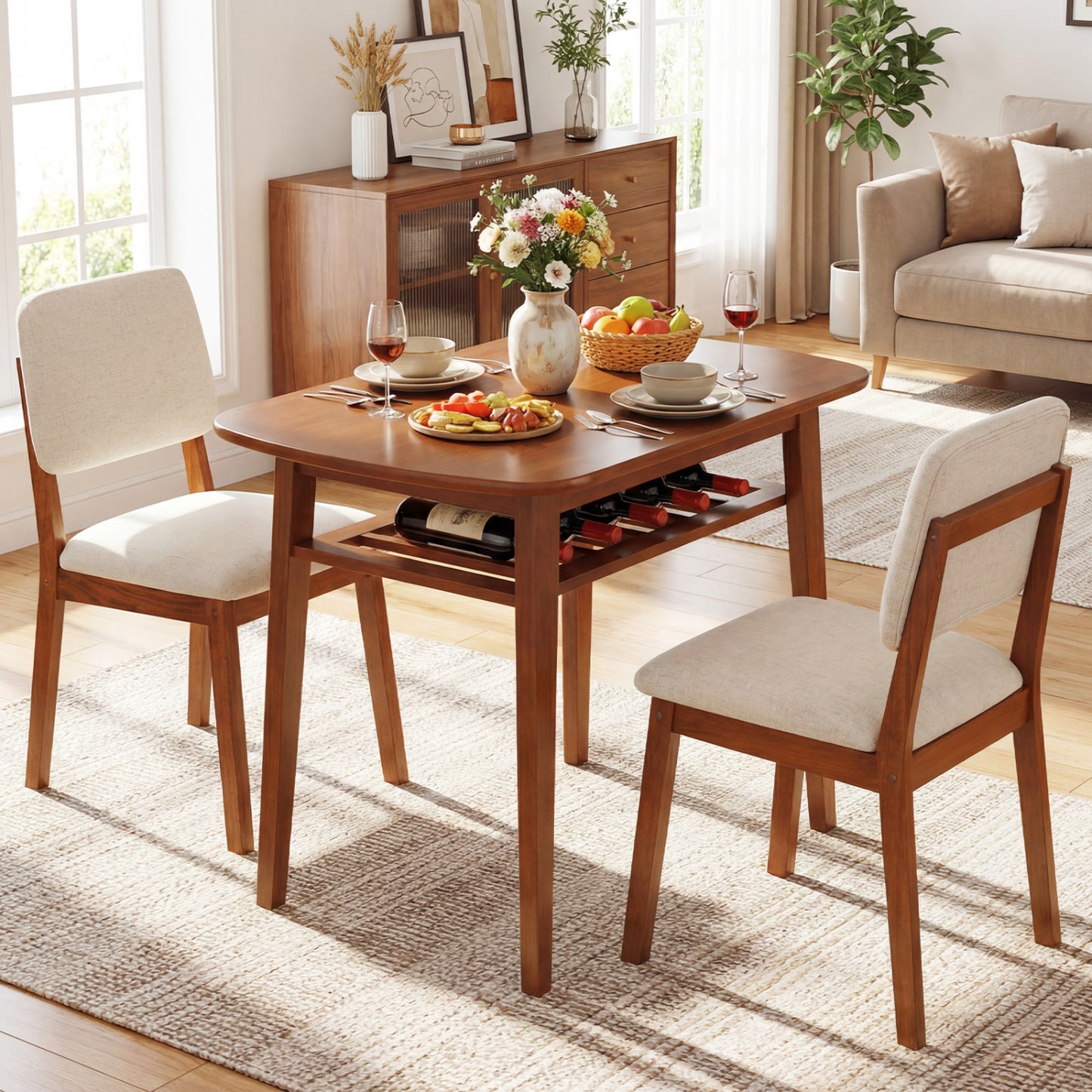 3-Piece Dining Table Set for 2 with Upholstered Chairs-Cherry