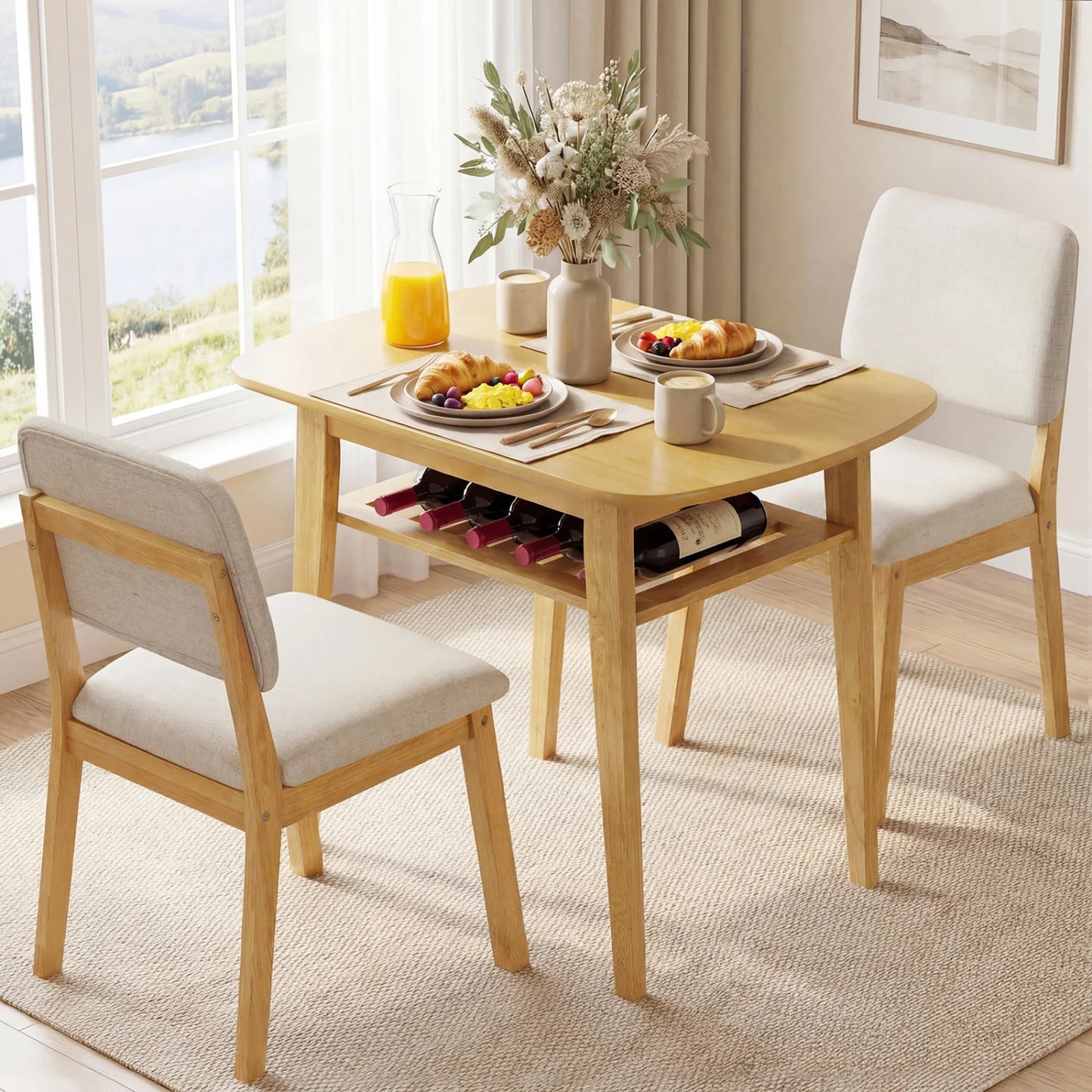 3-Piece Dining Table Set for 2 with Upholstered Chairs-Cherry