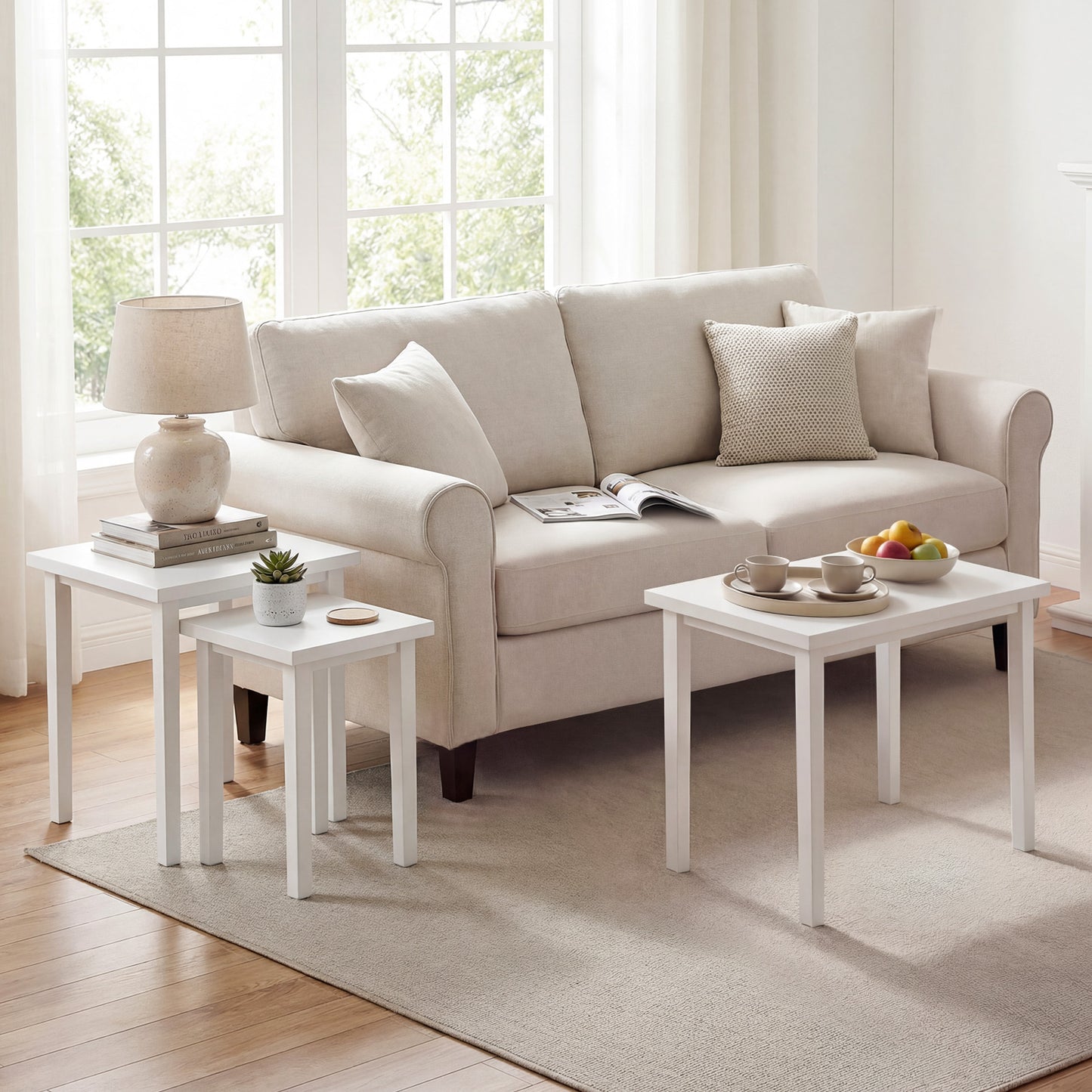 3-Piece Farmhouse Rectangle Side Table Set for Living Room-White