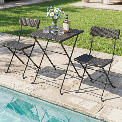 Black 3-piece folding bistro set with PE wicker seats and X-shaped metal frame, ideal for outdoor patio dining.