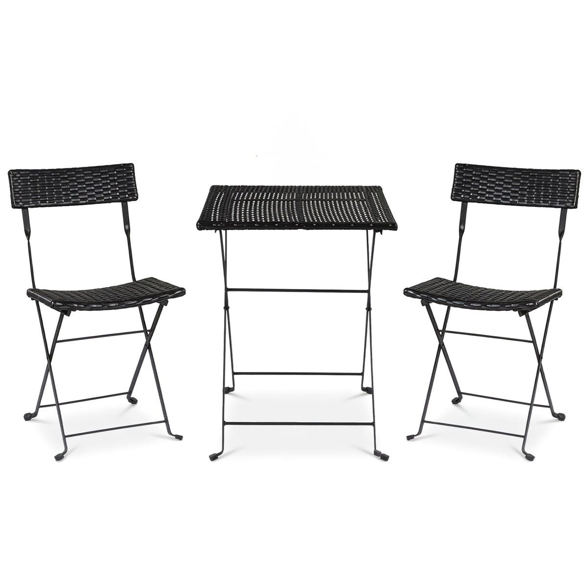 Black 3-piece folding bistro set with PE wicker table and chairs featuring X-shaped metal frames for outdoor patio dining.