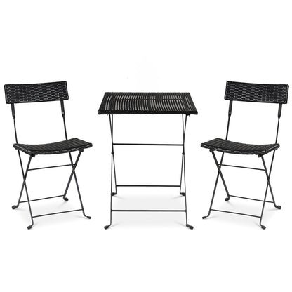 Black 3-piece folding bistro set with PE wicker table and chairs featuring X-shaped metal frames for outdoor patio dining.