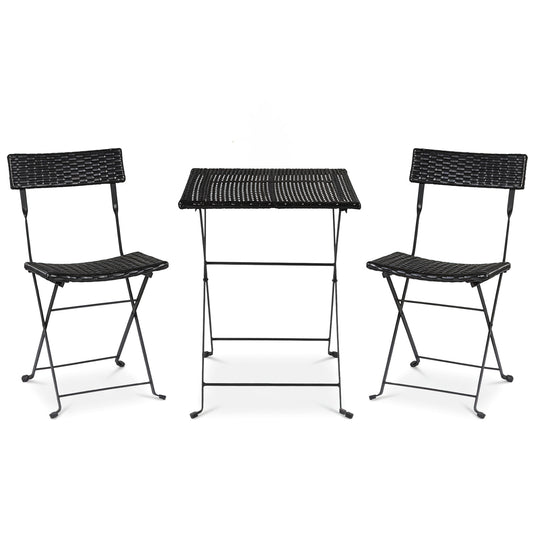 Black 3-piece folding bistro set with PE wicker table and chairs featuring X-shaped metal frames for outdoor patio dining.