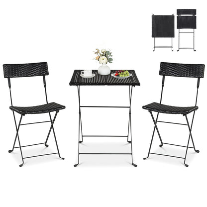 Black 3-piece folding bistro set with PE wicker and X-shaped metal frame, outdoor patio dining furniture.
