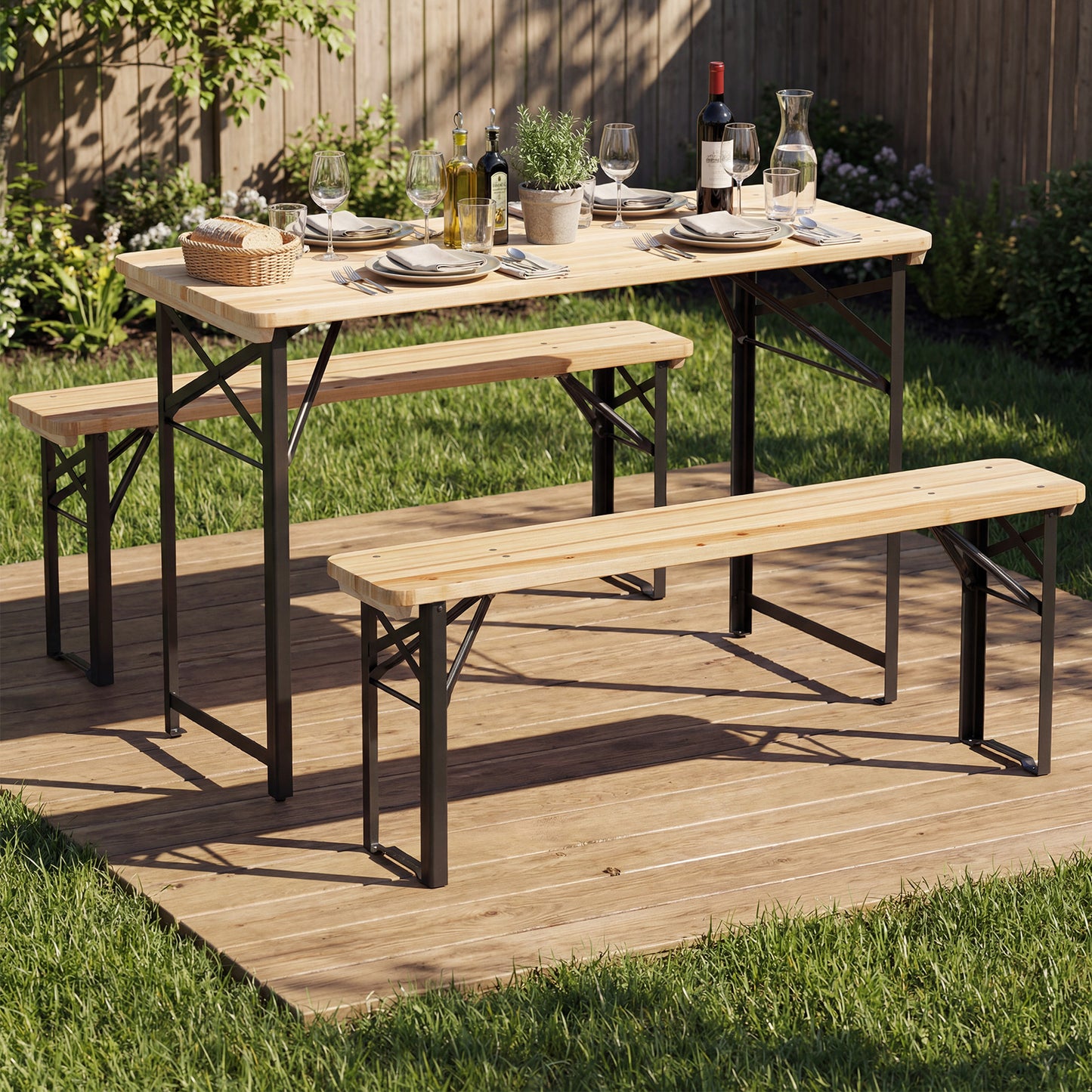 3-Piece Folding Picnic Table with Benches Fir Wood Portable Bear Camping SET-Natural