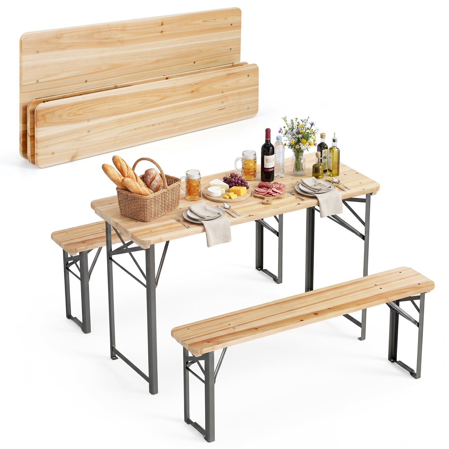 3-Piece Folding Picnic Table with Benches Fir Wood Portable Bear Camping SET-Natural