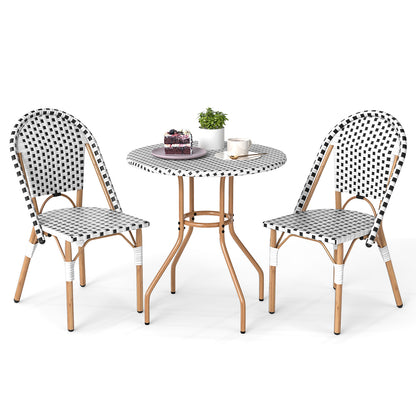 3 Piece French Bistro Table Chair Set with Outdoor Wicker Round Table and 2 Dining Chairs