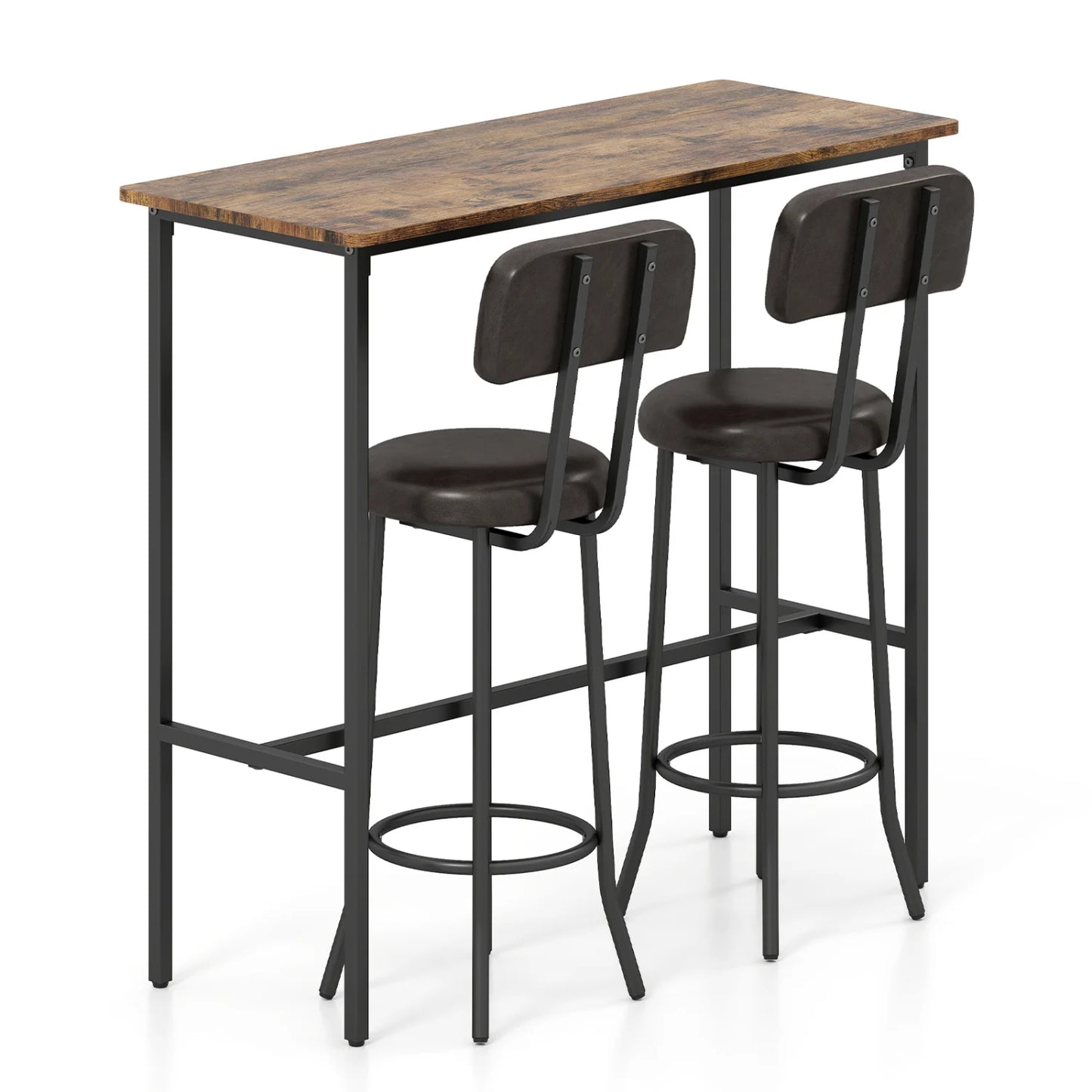 3-Piece Industrial Bar Table Set with 2 Upholstered Stools and Footrests for Dining Room-Rustic Brown
