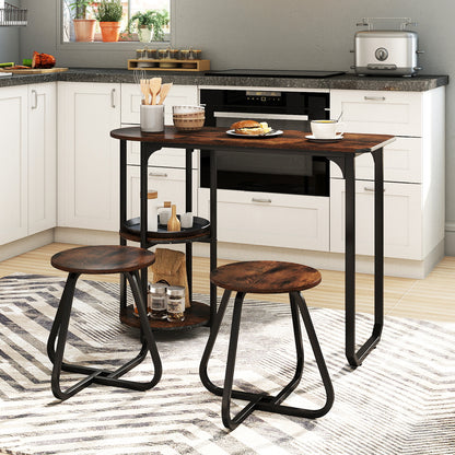 3-Piece Industrial Dining Table Set for Small Space-Rustic Brown