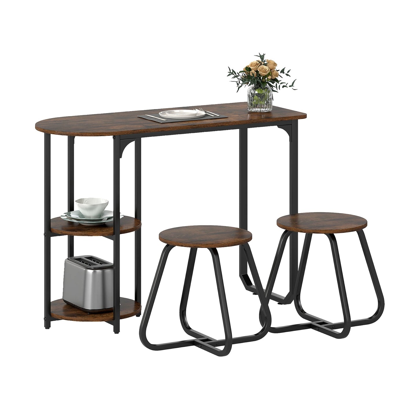 3-Piece Industrial Dining Table Set for Small Space-Rustic Brown