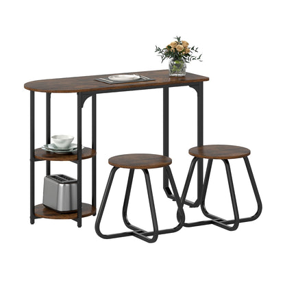 3-Piece Industrial Dining Table Set for Small Space-Rustic Brown