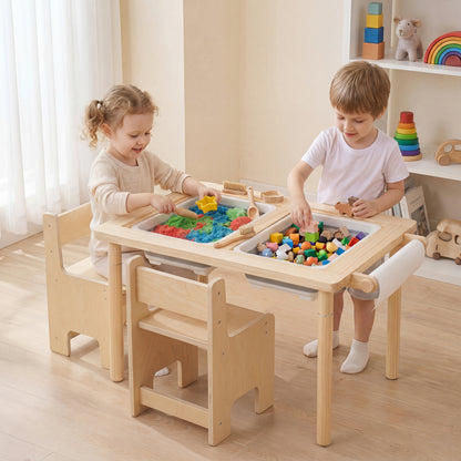 Three-piece kids activity table and chair set with adjustable height in natural wood finish, suitable for toddlers and young children.