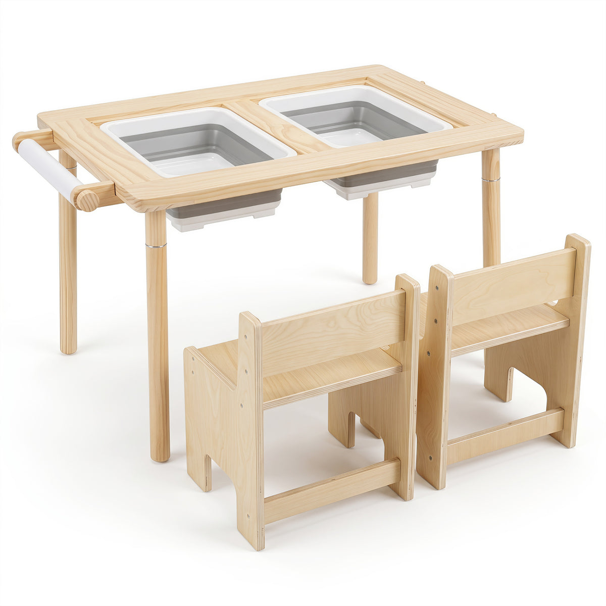 Wooden 3-piece kids activity table and chair set with adjustable height in natural finish, designed for toddlers and children.