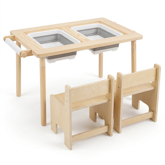 Wooden 3-piece kids activity table and chair set with adjustable height in natural finish, designed for toddlers and children.