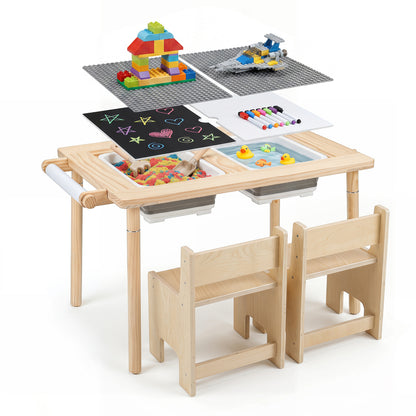 Three-piece kids activity table and chair set with adjustable height in natural wood finish, suitable for toddlers and young children.
