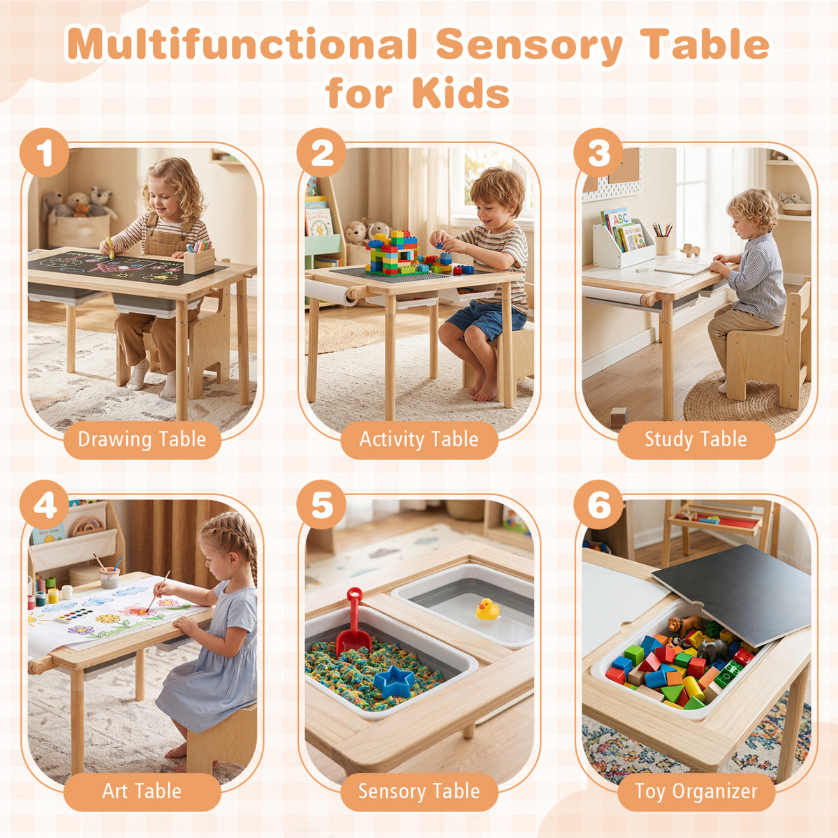 Natural wood 3-piece kids activity table and chair set with adjustable height for toddlers, featuring a natural finish.