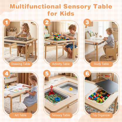 Natural wood 3-piece kids activity table and chair set with adjustable height for toddlers, featuring a natural finish.