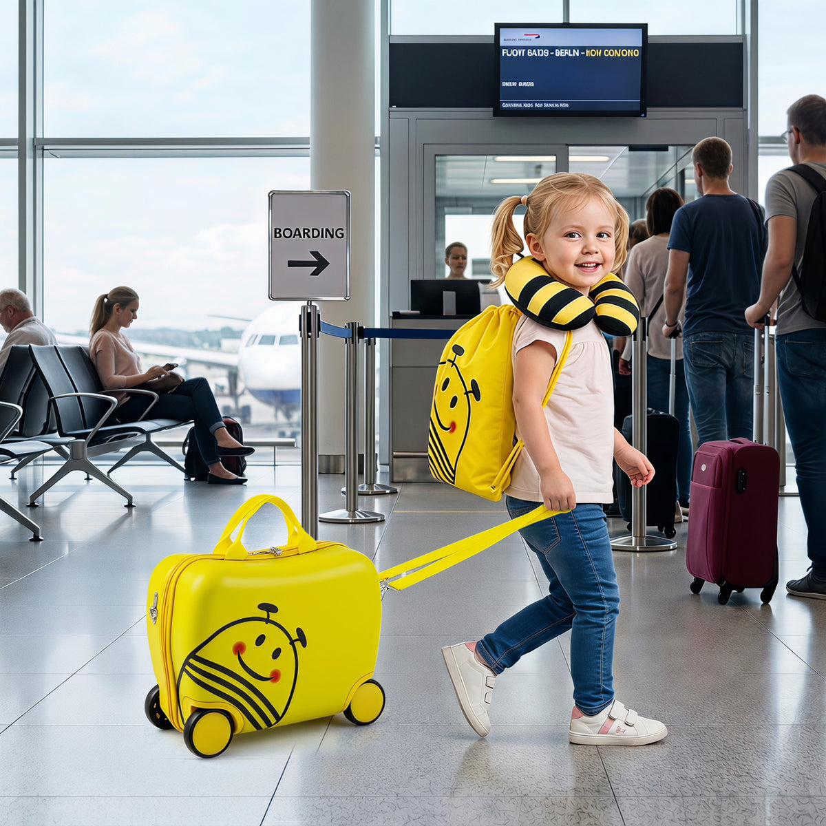3-Piece Kids Carry-on Luggage Set with Headrest and Backpack for Travel-Yellow