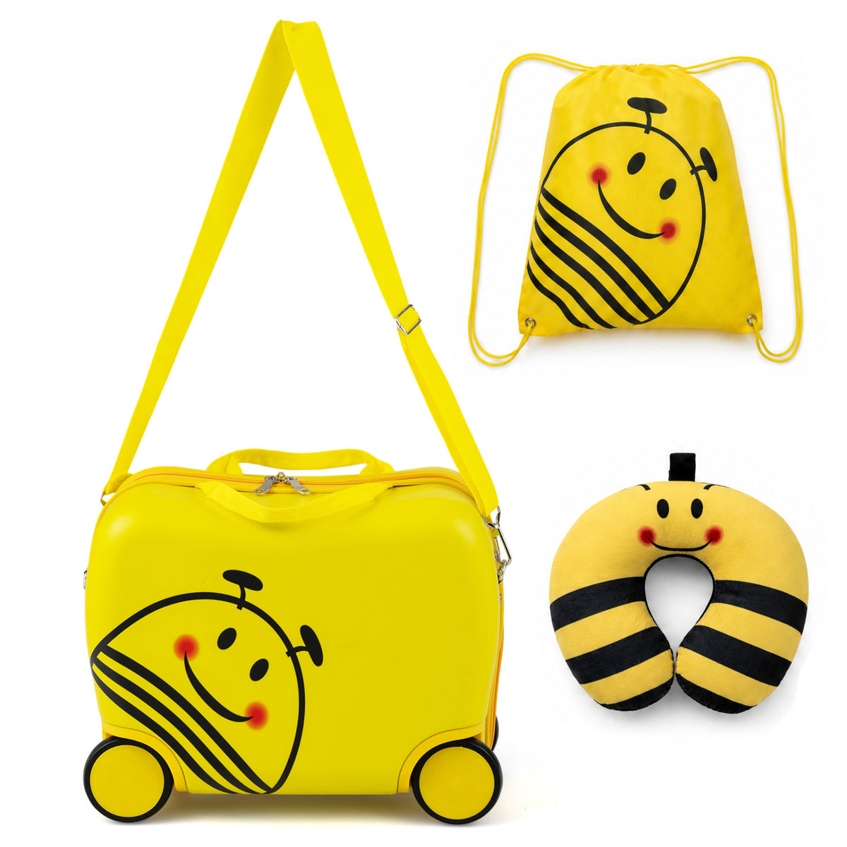 3-Piece Kids Carry-on Luggage Set with Headrest and Backpack for Travel-Yellow