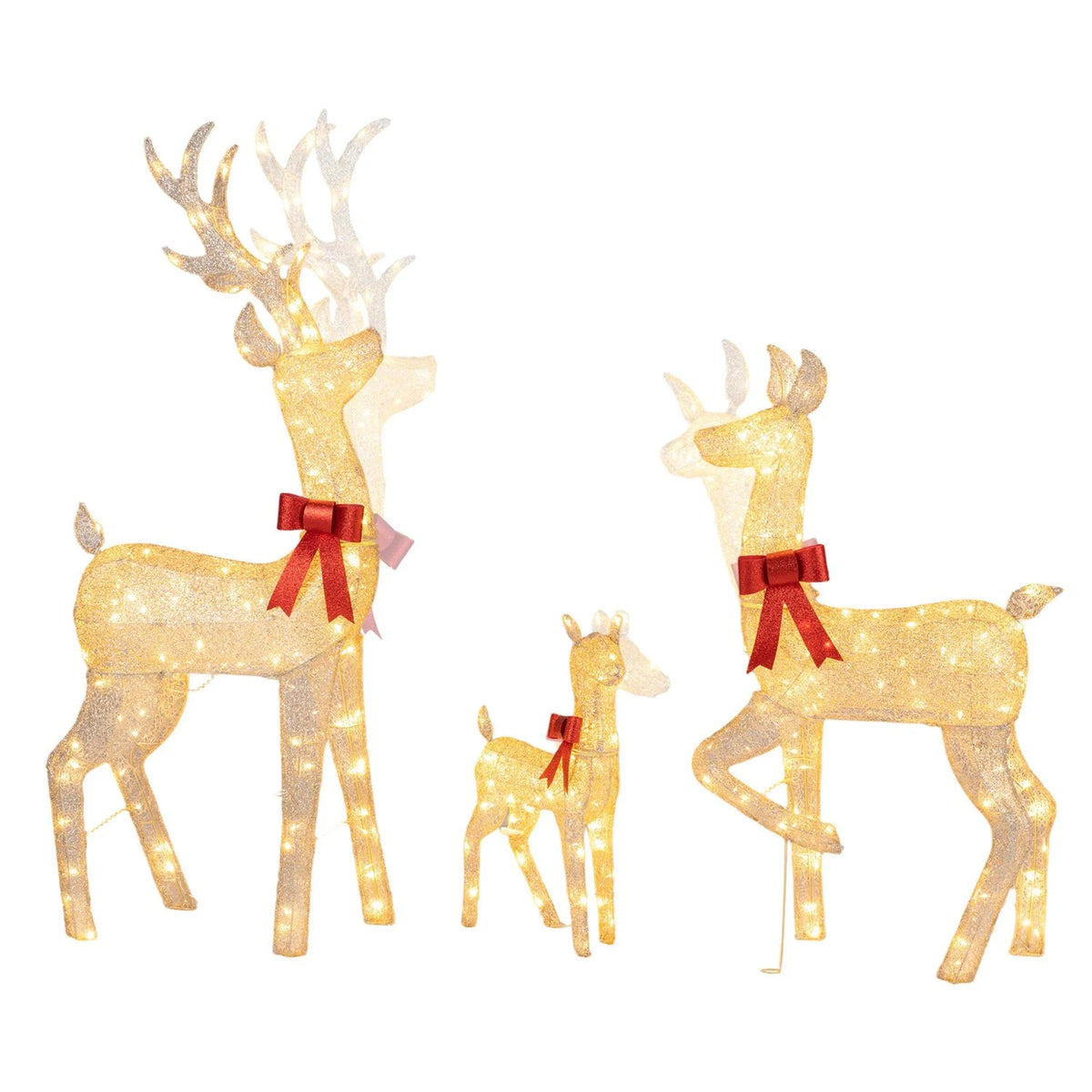 Three lighted golden Christmas reindeer figures forming a family set, holiday holiday decor for festive Christmas display.