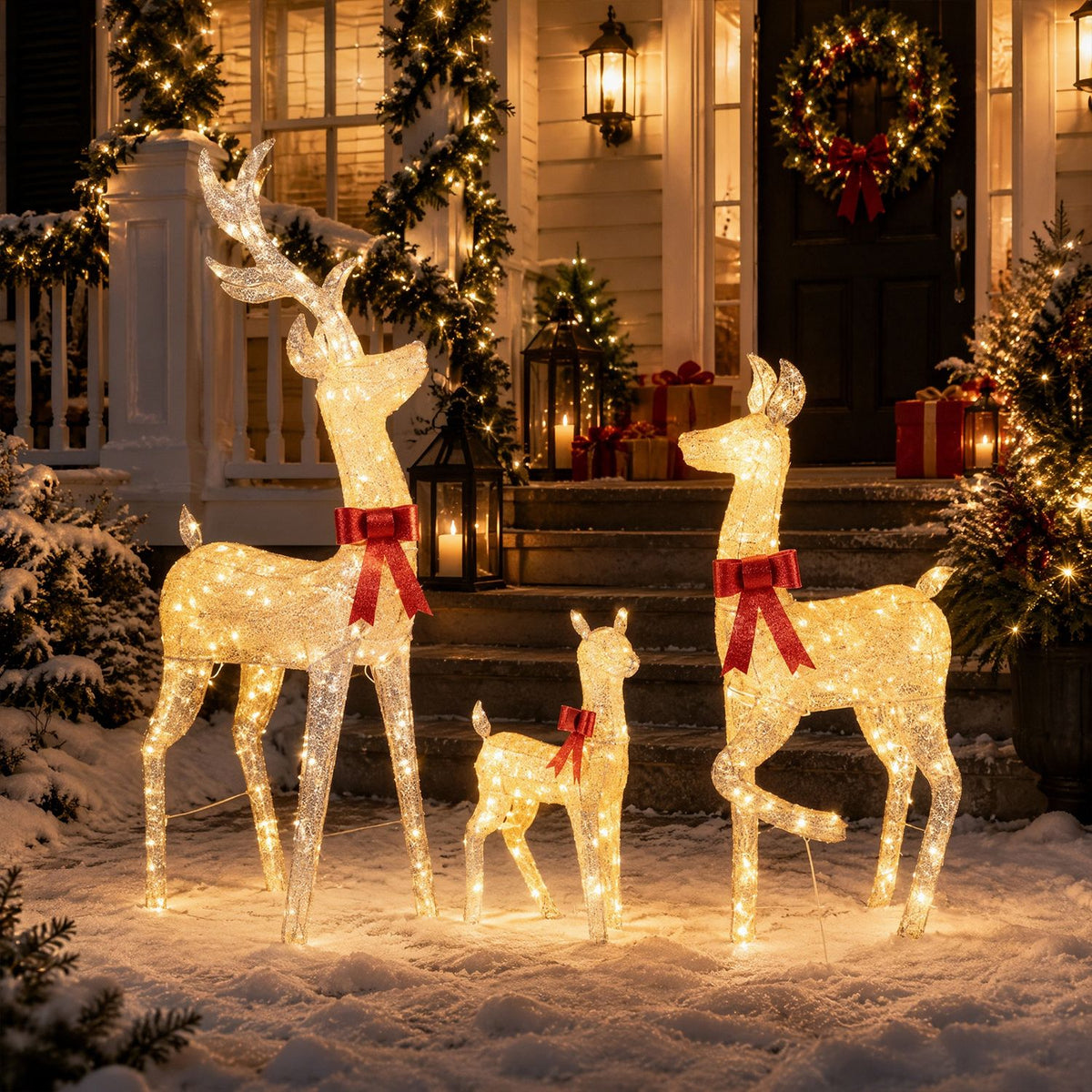 Three lighted golden Christmas reindeer family set for holiday decor, featuring festive reindeer figures with illuminated accents.