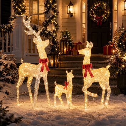 Three lighted golden Christmas reindeer family set for holiday decor, featuring festive reindeer figures with illuminated accents.