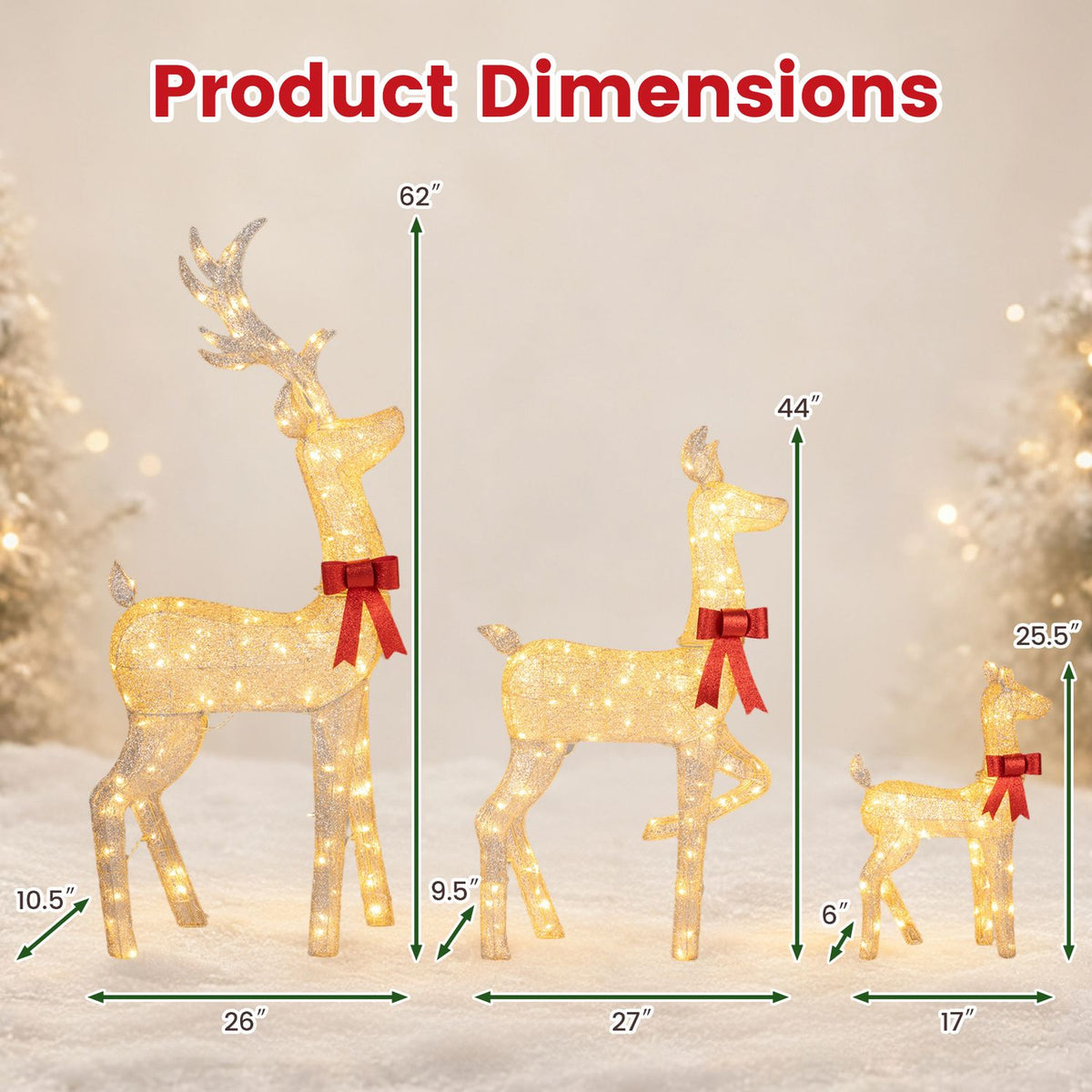 Three lighted golden Christmas reindeer figures forming a family set, holiday decor for festive seasonal decoration.