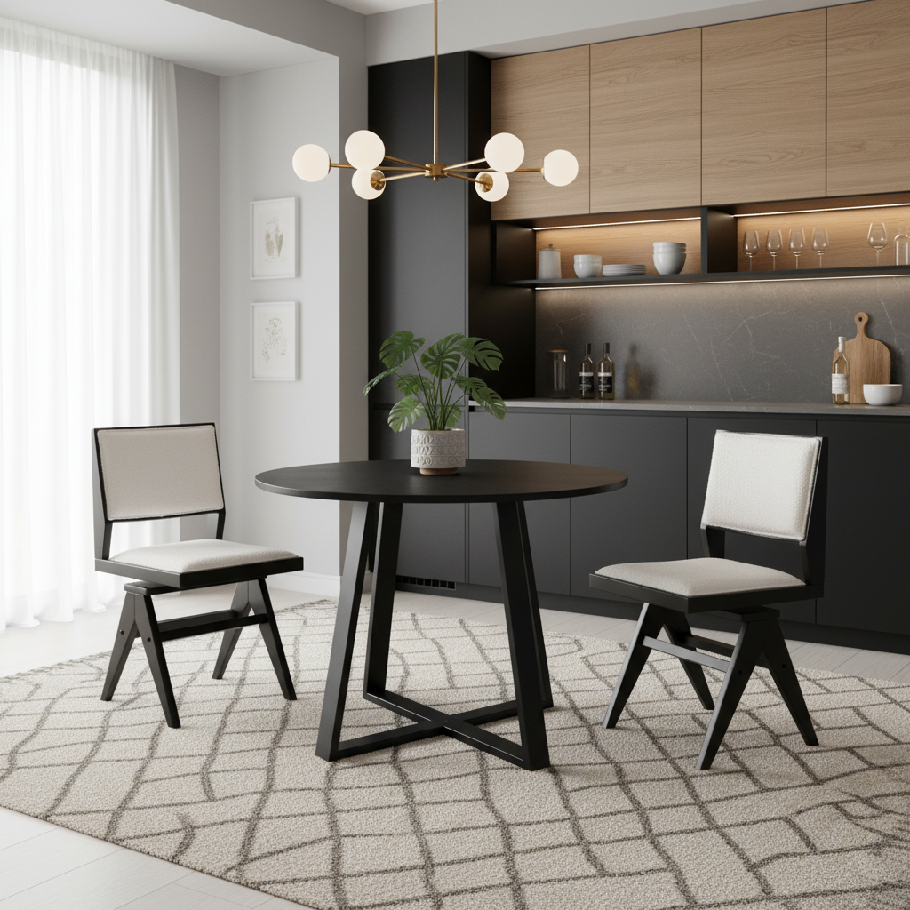 3-Piece Mid-Century Dining Set with 36” Round Pedestal Table and 2 Swivel Sherpa Upholstered Chairs