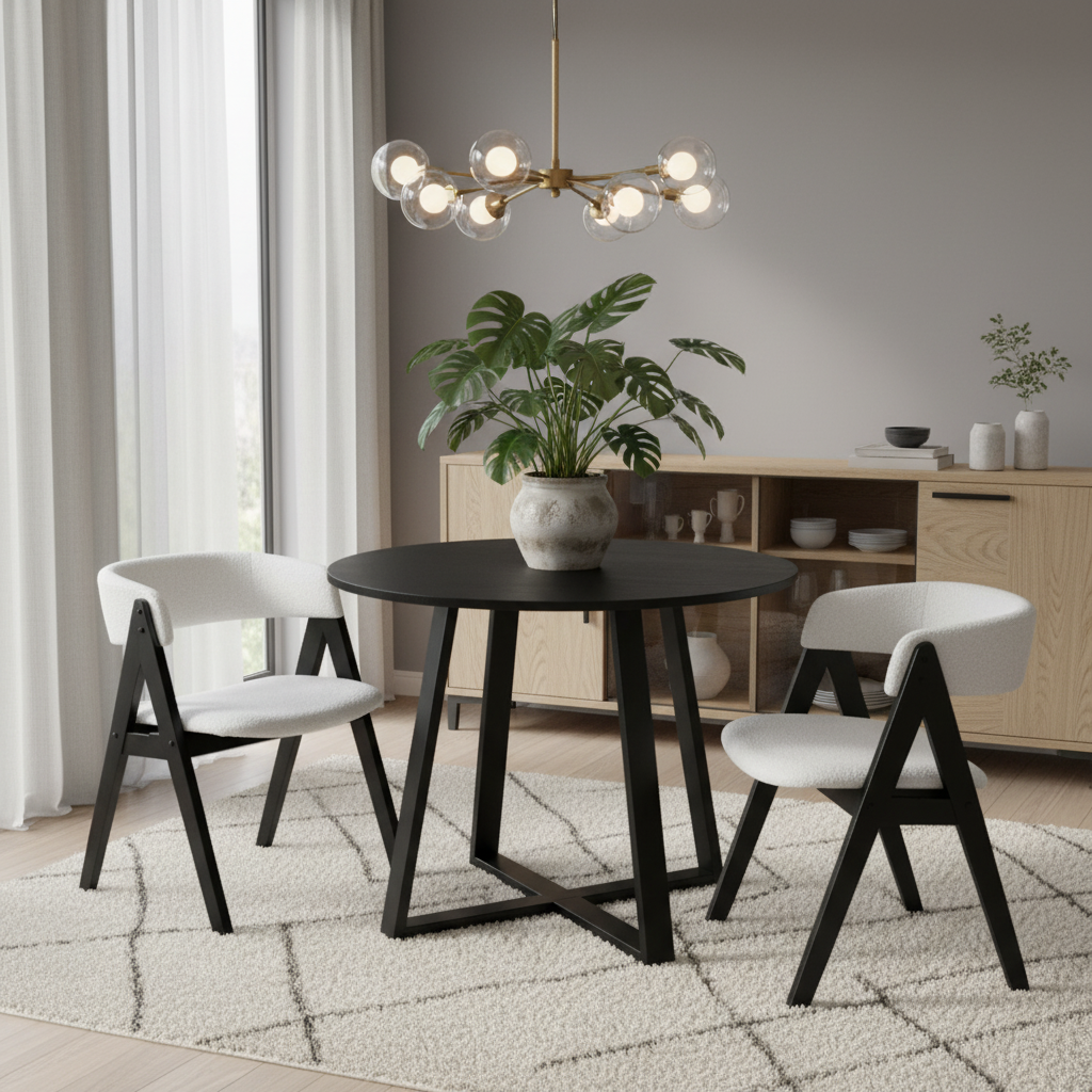 3-Piece Mid-Century Dining Set with 36” Round Pedestal Table and 2 Sherpa Upholstered Chairs