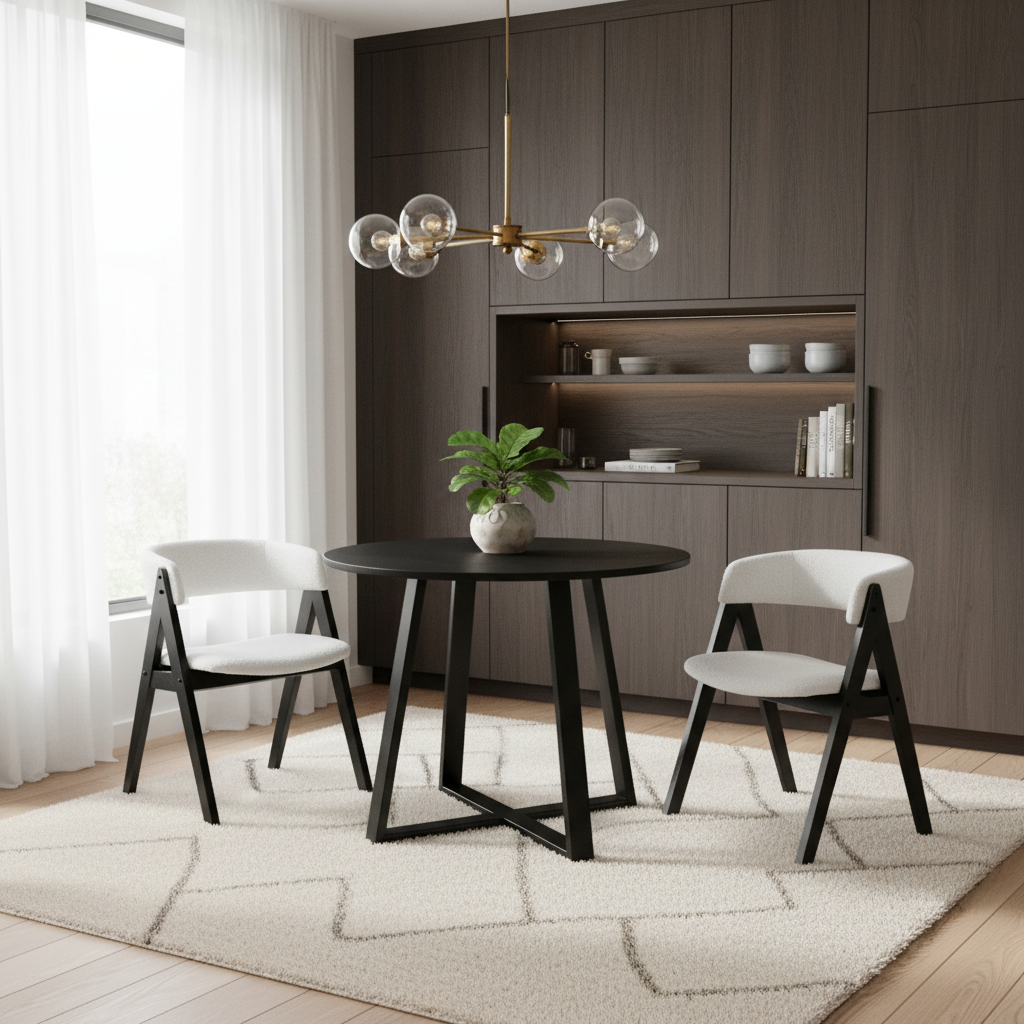 3-Piece Mid-Century Dining Set with 36” Round Pedestal Table and 2 Sherpa Upholstered Chairs