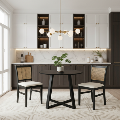 3-Piece Mid-Century Dining Set with 36” Round Pedestal Table and 2 Farmhouse Rattan Dining Chairs