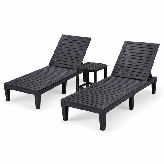 3-Piece Outdoor Adjustable Chaise Lounge Set with 2 Recliners and 1 Side Table for Garden Backyard
