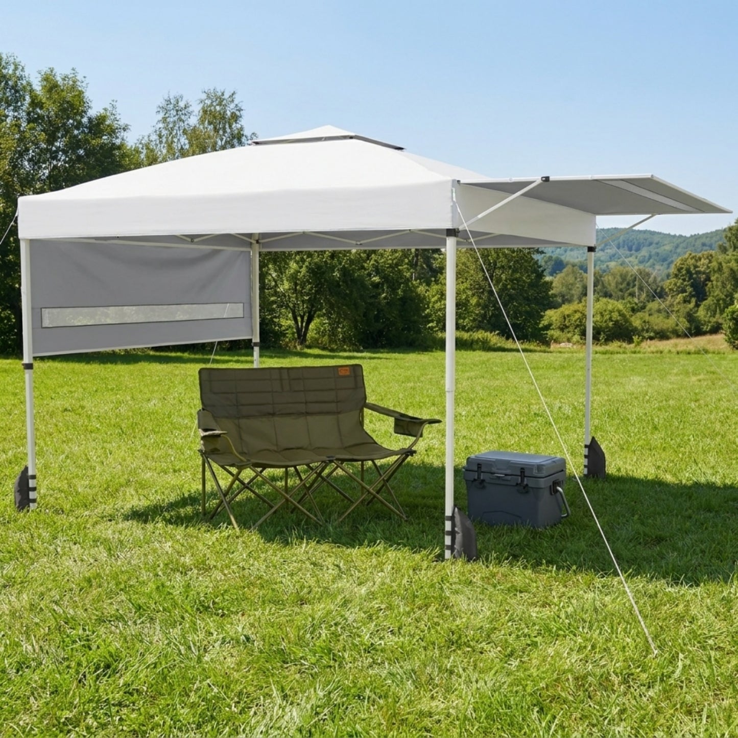 Outdoor camping gear set with pop-up canopy tent, 20-quart cooler, and oversized loveseat for outdoor adventures.