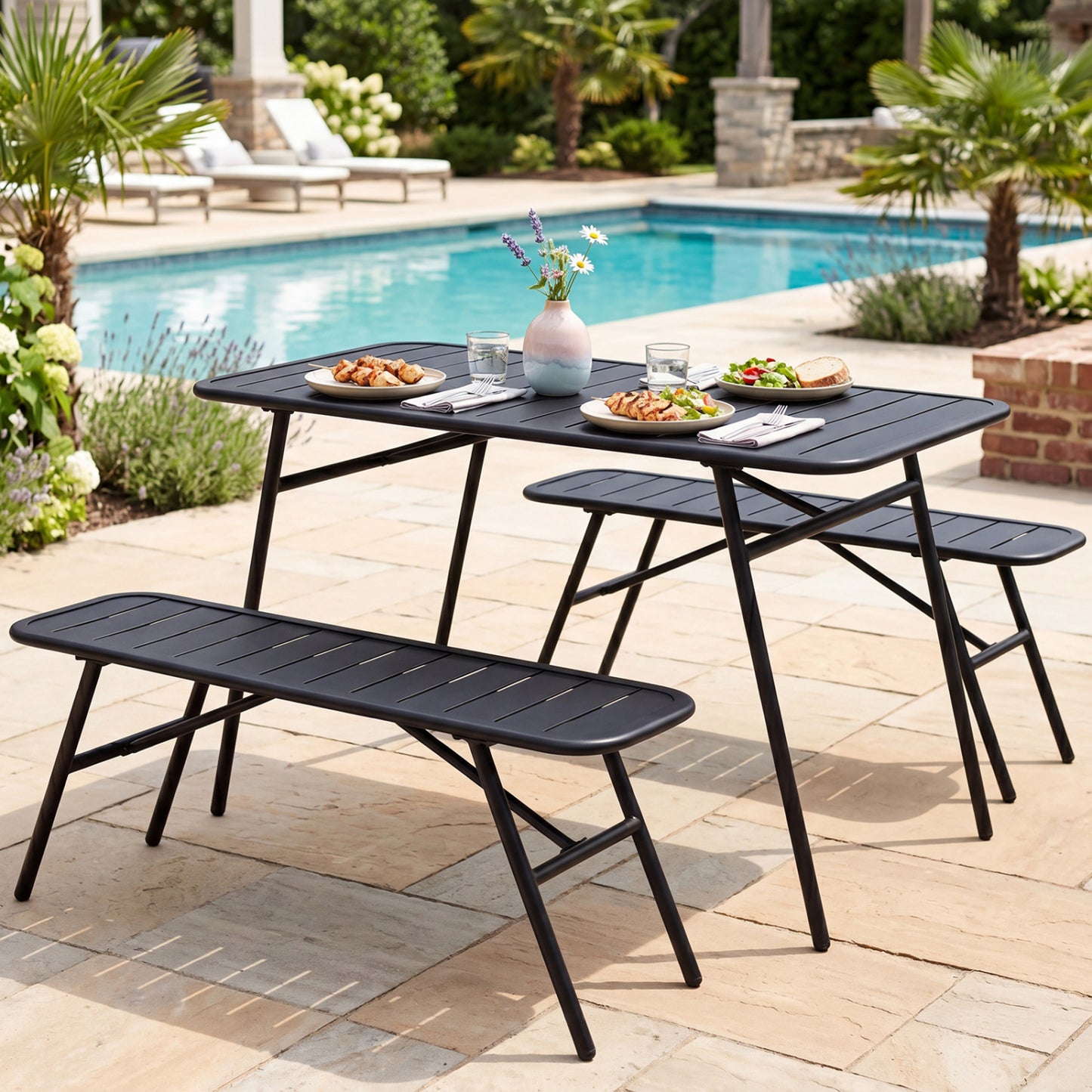 Black 3-piece outdoor dining set with coffee table and two benches, perfect for backyard patios, by Wilsons Home Store.