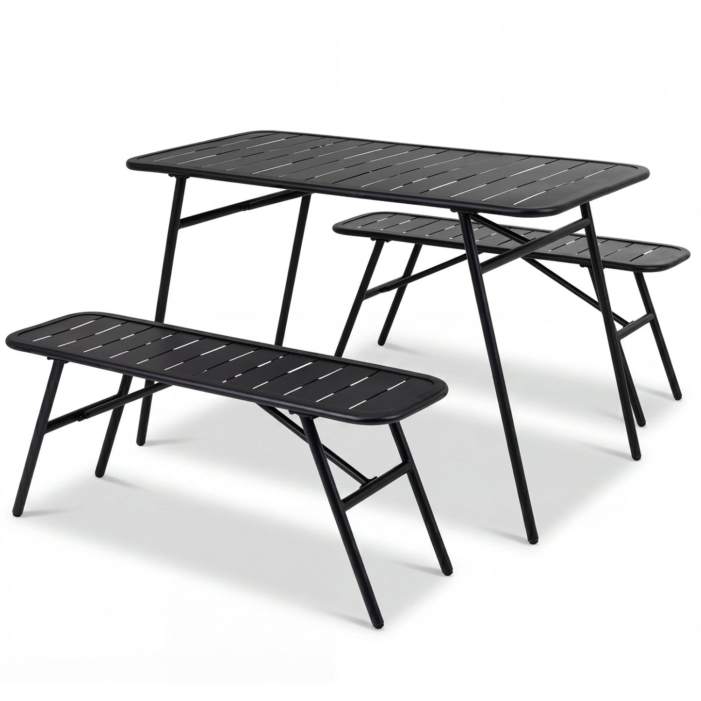 Black 3-piece outdoor dining set with coffee table and two benches, perfect for backyard decks, by Direct by Wilsons Home Store.