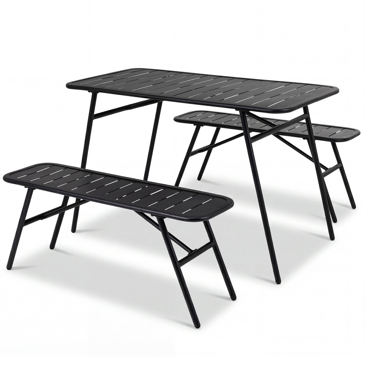 Black 3-piece outdoor dining set with coffee table and two benches, perfect for backyard decks, by Direct by Wilsons Home Store.
